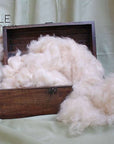 Kapok Fiber in wooden box, sustainable and plant-based natural filling alternative.