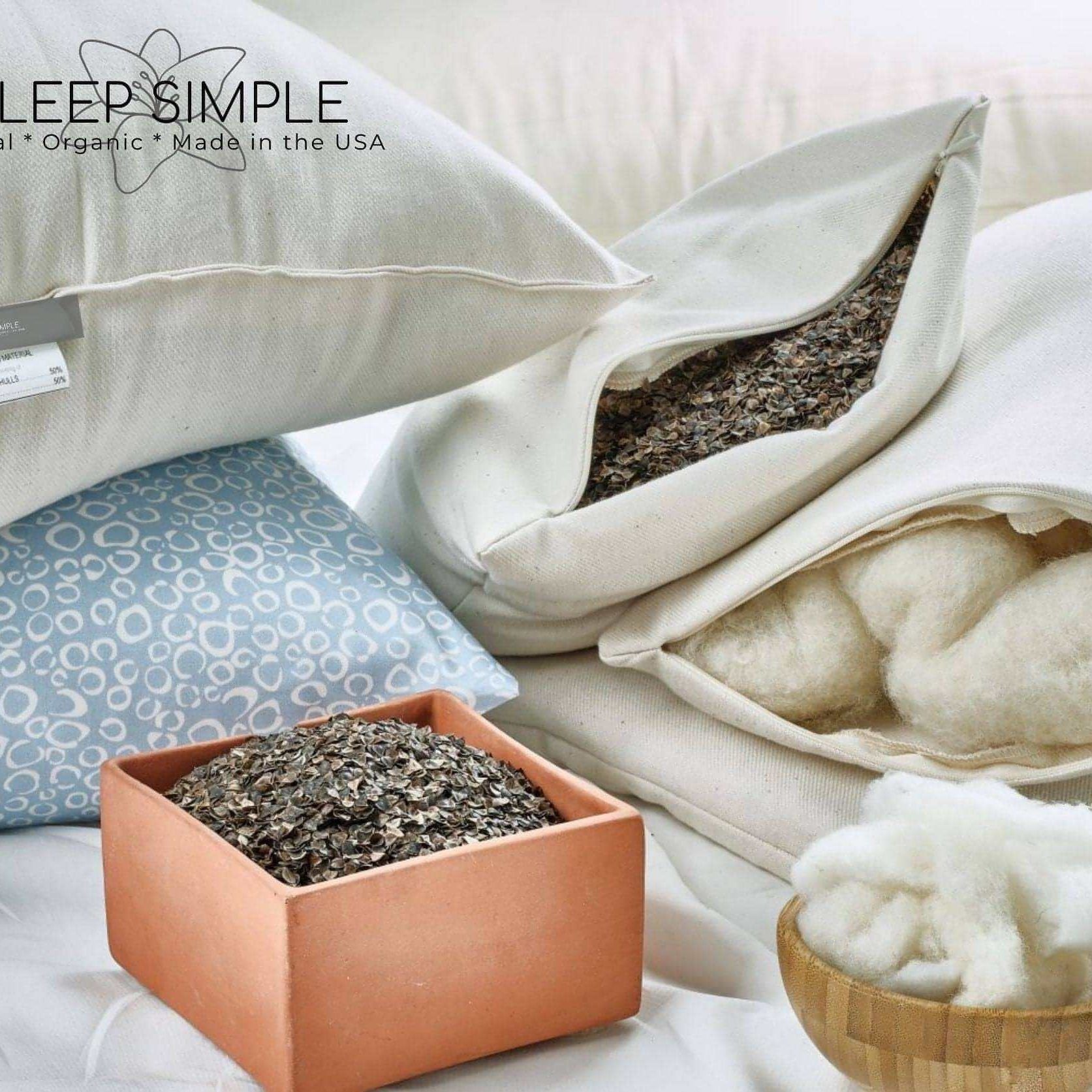 Buckwheat and wool pillow showcasing natural materials and design features.
