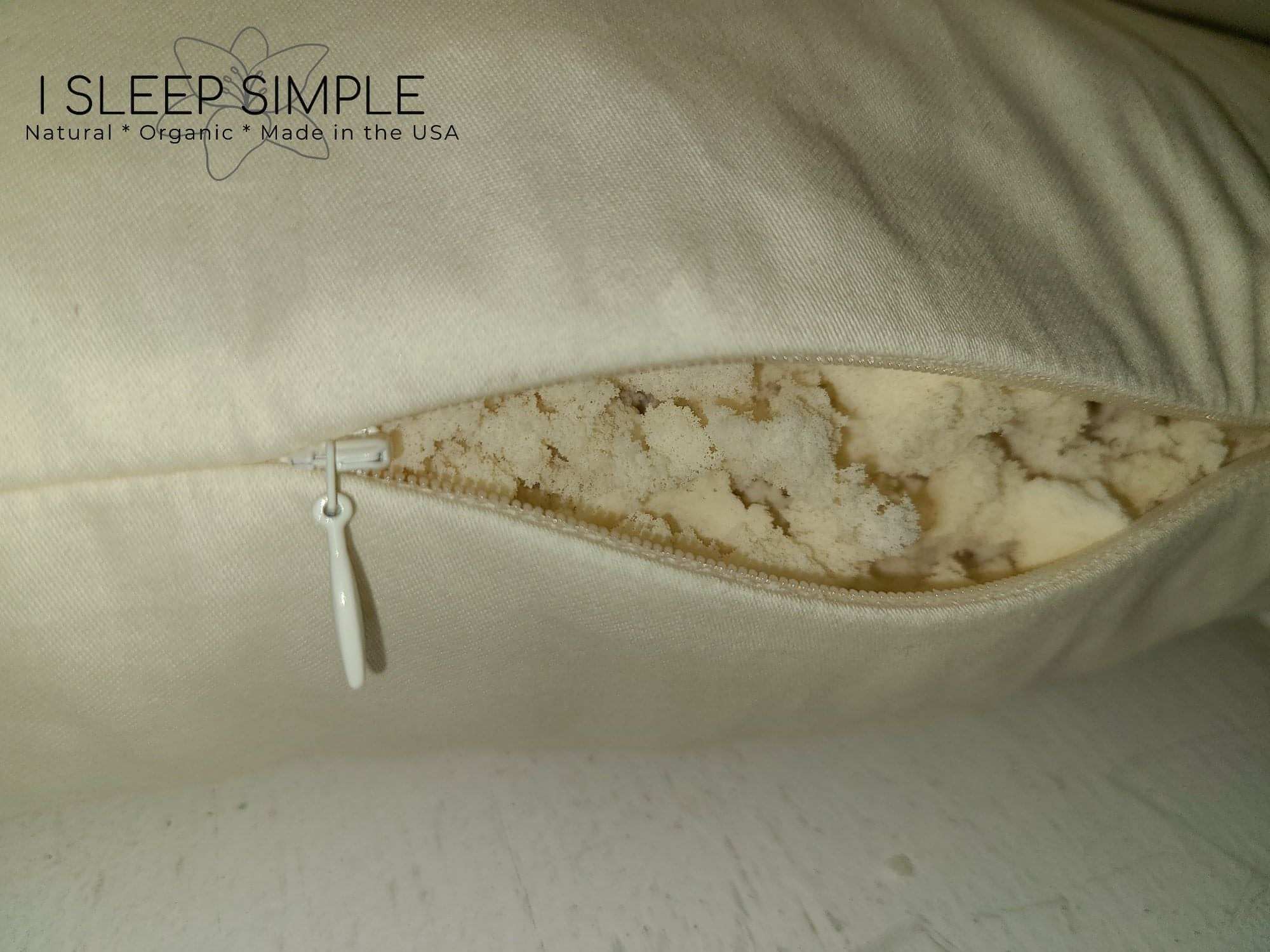 Shredded latex pillow with breathable and supportive natural filling, eco-friendly, hypoallergenic, and made in the USA.