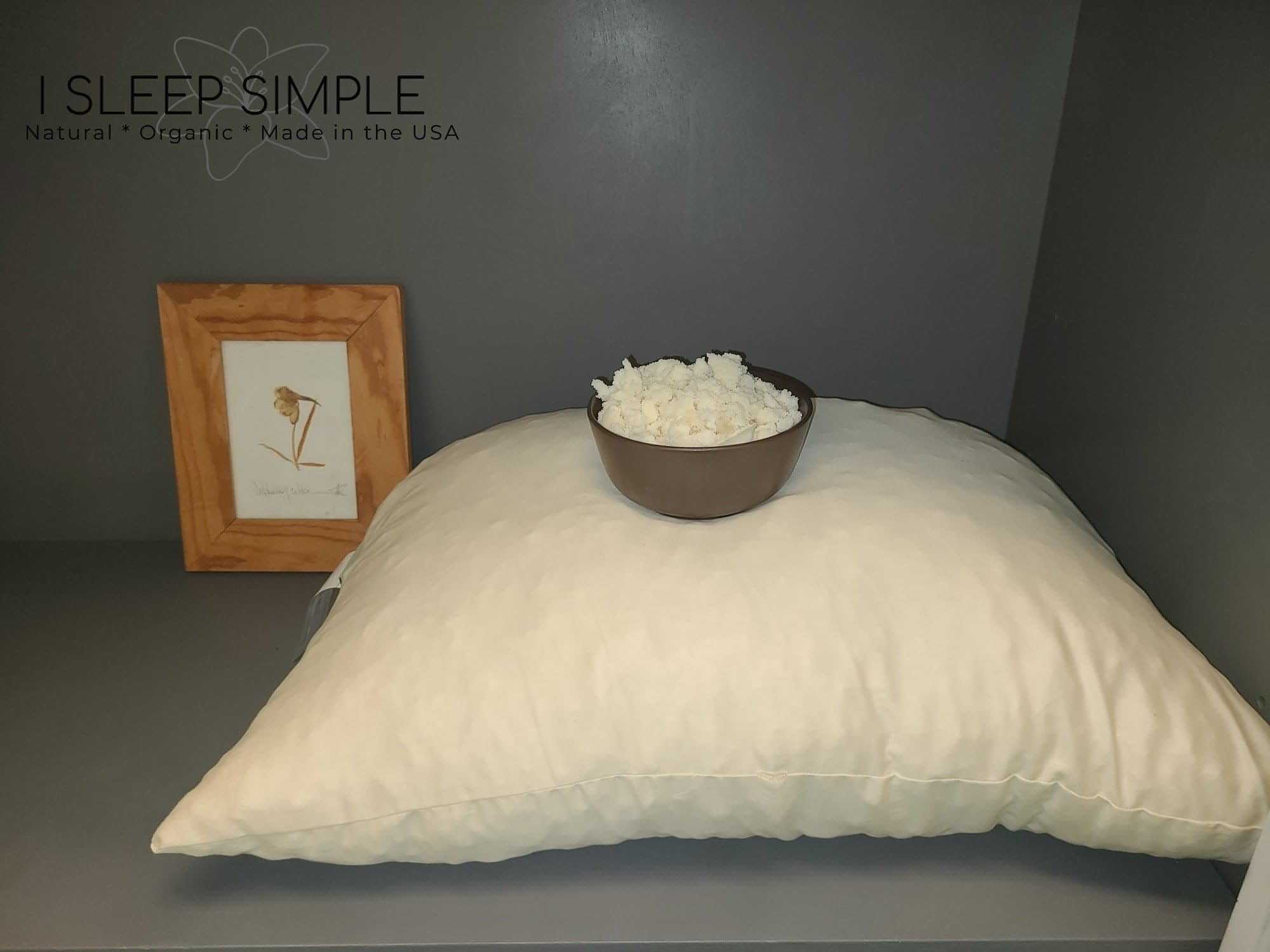 Shredded latex pillow with a bowl of shredded latex, eco-friendly and supportive pillow display.