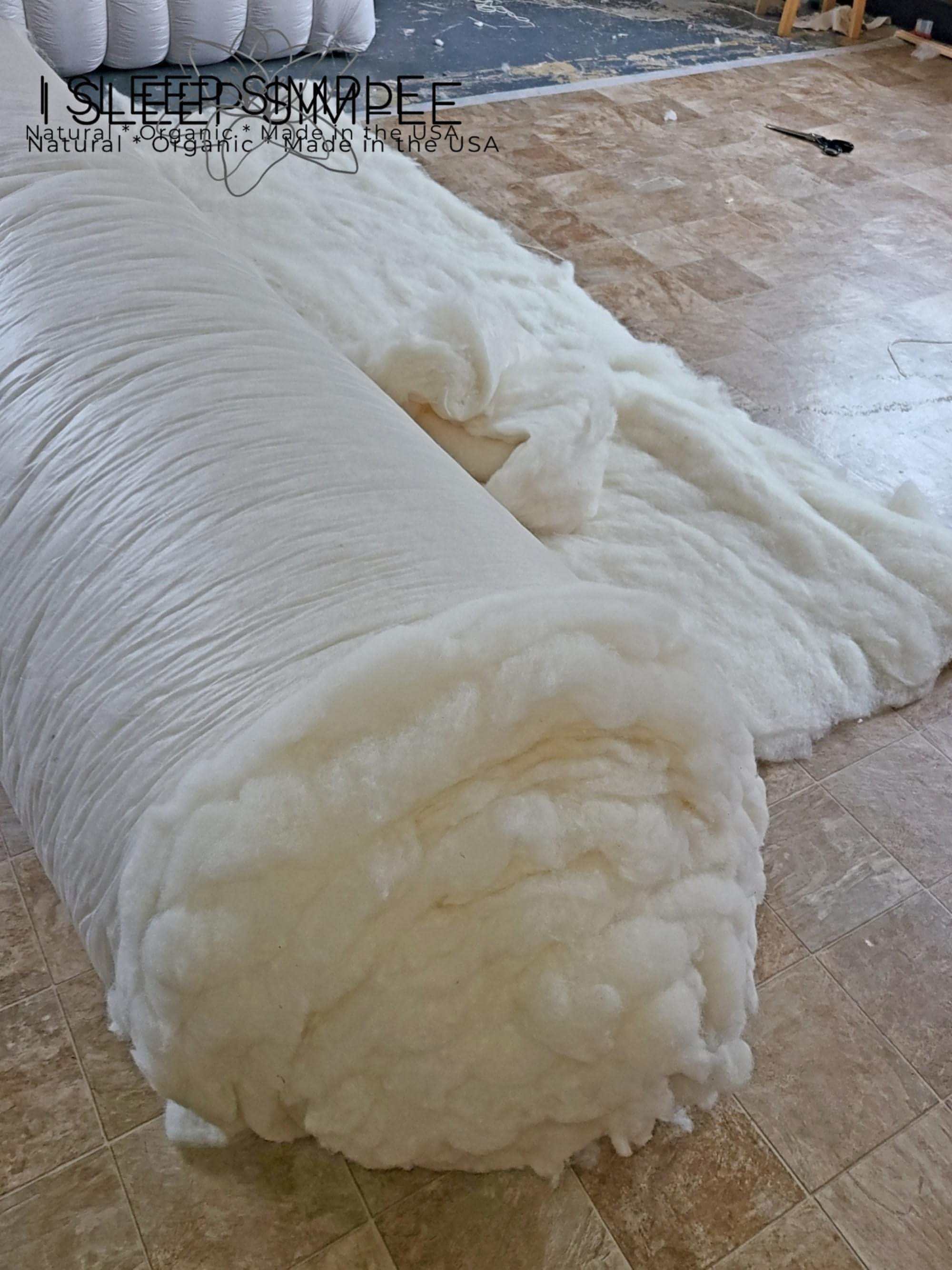 Wool batting roll made of 100% virgin sheep&#39;s wool, un-dyed and untreated, ideal for insulation in pillows, quilts, and cushions.