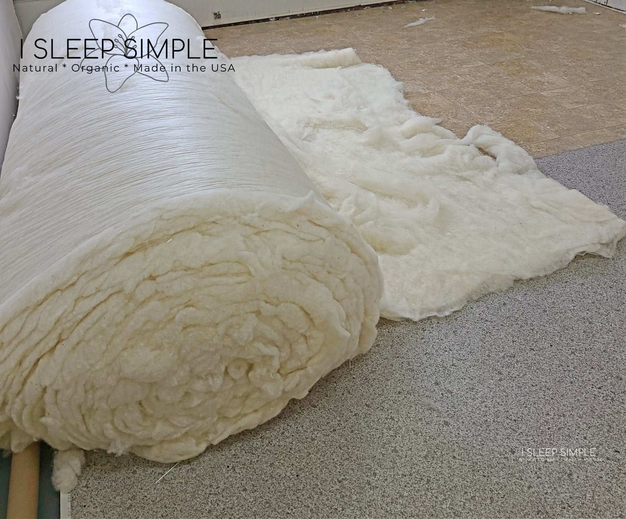 Organic wool batting roll on a textured surface, certified GOTS, highlighting eco-friendly and sustainable practices.