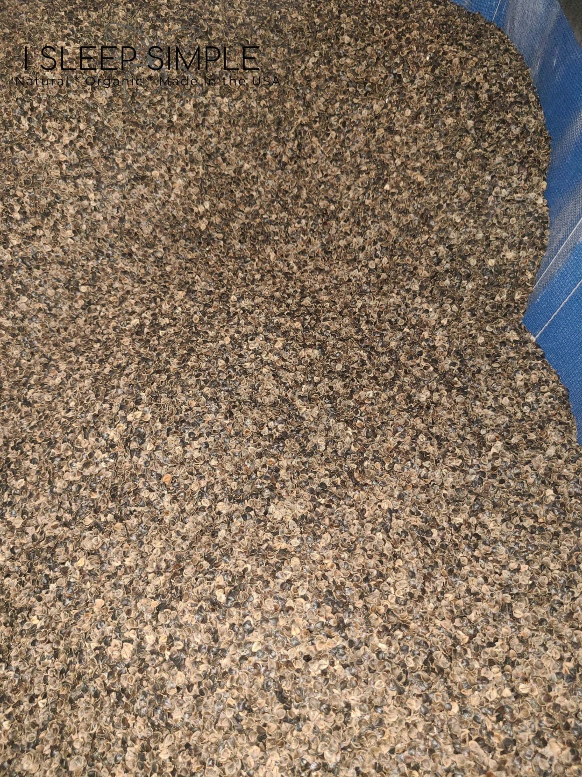 Buckwheat hulls in bulk container, grown in the US, suitable for pillows and cushions.